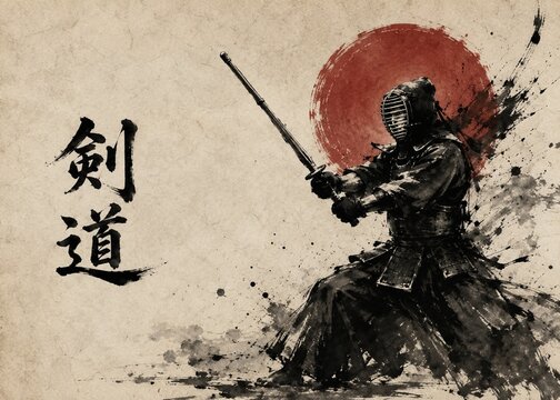 Japanese kendo warrior in bogu armor with a men helmet holding a bamboo shinai, dynamic sumi-e ink brush painting with a red sun and kendo calligraphy on aged washi paper