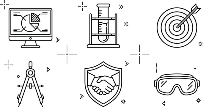 Science research data and business development line icon set featuring target computer and shield