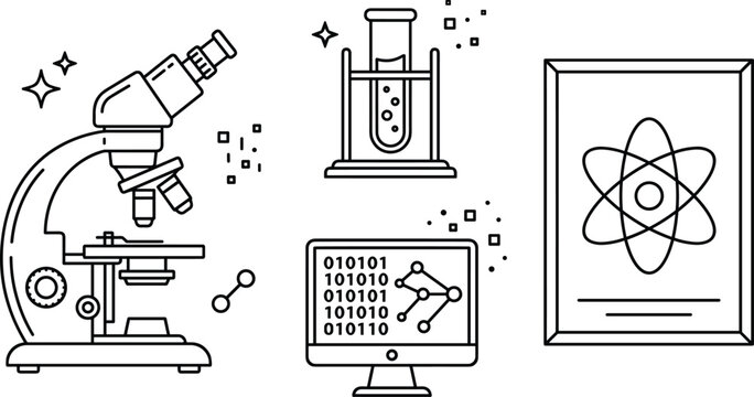 Scientific research laboratory microscope and data analysis linear icons set with outline vector elements
