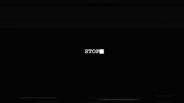 Isolated glitch text stop sign on black background, old video effect, retro media signal interference