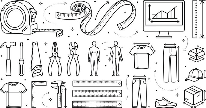 Size measurement tools and apparel tailoring parameters line icon set featuring tape measure, rulers, work tools, and clothing dimensions.