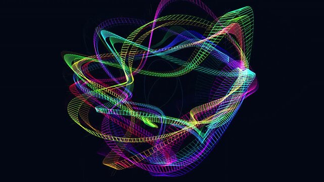 Dynamic HSB color spectrum traces paths of supersonic jet vapor trails looping gracefully in an abstract 3D virtual environment.