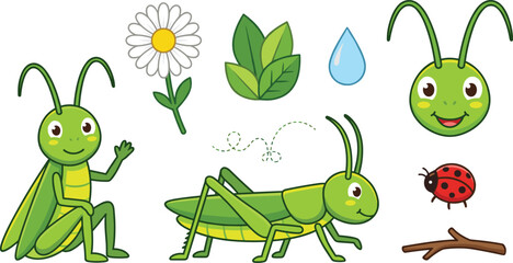 Cute grasshopper cartoon character vector illustration set featuring green cricket daisy flower leaves water drop ladybug and wooden twig elements © MdMahfizur