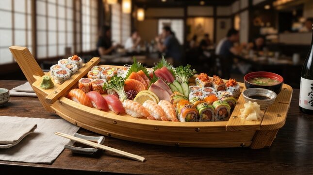 Variety sushi boat platter with assorted rolls and sashimi
