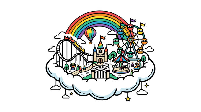 Whimsical Fantasy Amusement Park Landscape Illustration.