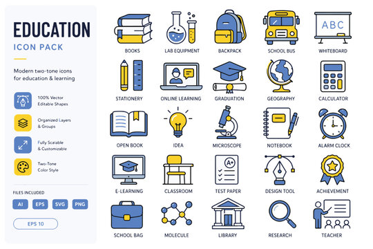 Modern two tone education icon pack vector set featuring books graduation online learning school supplies academic tools fully editable design for teaching and study resources
