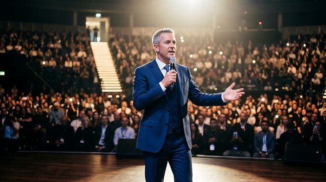 Professional speaker presenting on stage at a large conference hall auditorium