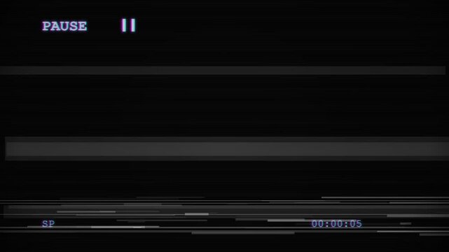 vhf static glitch overlay with pause icon and timer, retro vcr recording effect, digital noise texture