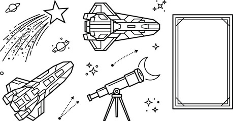 Space exploration spaceship and astronomy telescope linear icons set with outline vector elements for galaxy © MDBABULU