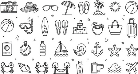 Summer travel holiday and beach icons set with camera suitcase surfboard and diving mask © MDBABULU