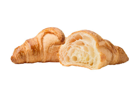 Fresh buttery croissant cut in half isolated on white background