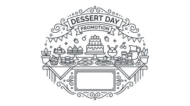 Line art illustration of a dessert day promotion table with various sweets.