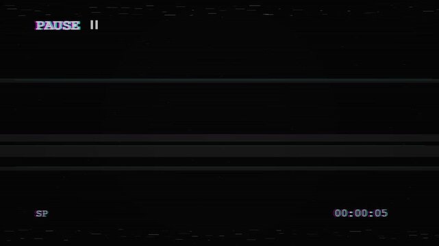 Old VHS tape recording glitch effect, static noise, paused recording screen with timestamp