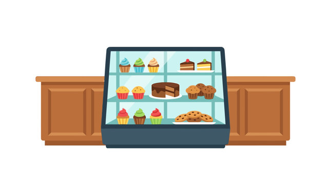 A bakery display case filled with various cakes and cupcakes on wooden counters.