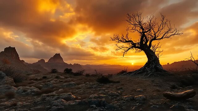 barren tree in desert landscape.