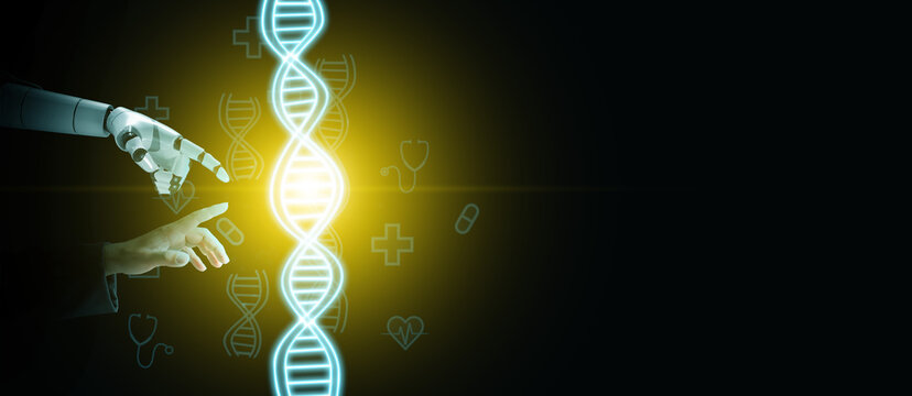 Robot and human hands reaching toward glowing DNA helix. Artificial intelligence, genomics, precision medicine, biotechnology, personalized healthcare, medical innovation, future human collaboration