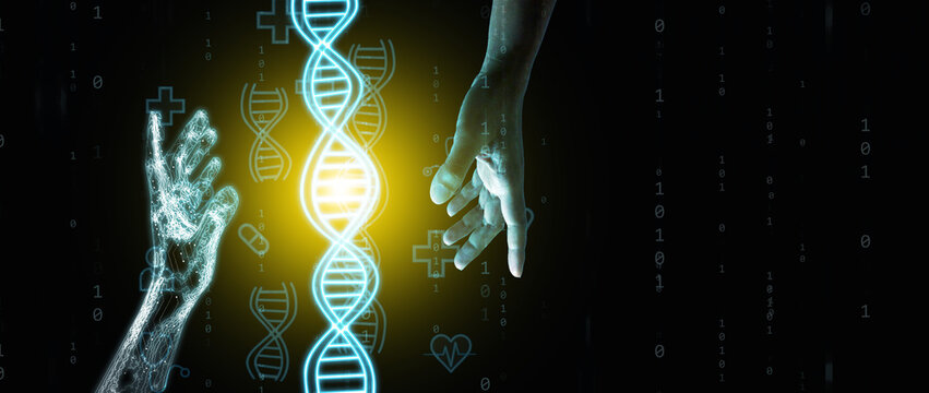 Human and AI hands reaching toward a glowing DNA helix. Precision medicine, genomics, biotechnology, artificial intelligence, healthcare innovation, genetic research, future of personalized medicine.