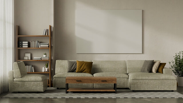 Modern Living Room Interior with Blank Wall Art Frame Mockup, Sofa, Bookshelf and Natural Light &ndash; 3D Illustration