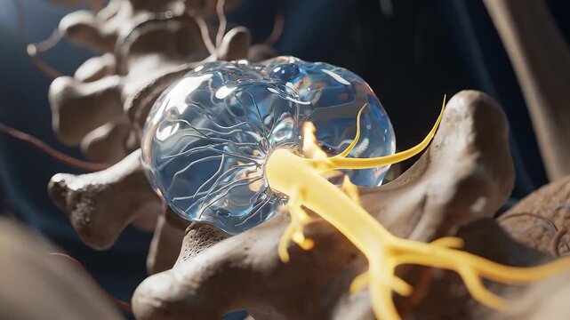 Medical Animation of Spinal Disc Herniation and Nerve Compression in Human Vertebrae.