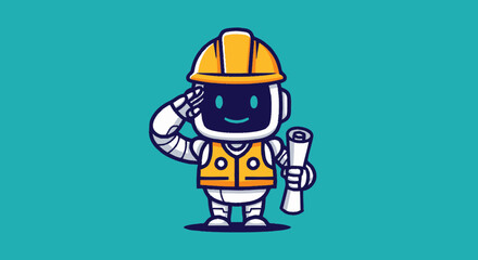 Fototapeta premium Cute cartoon robot construction worker saluting with blueprints.