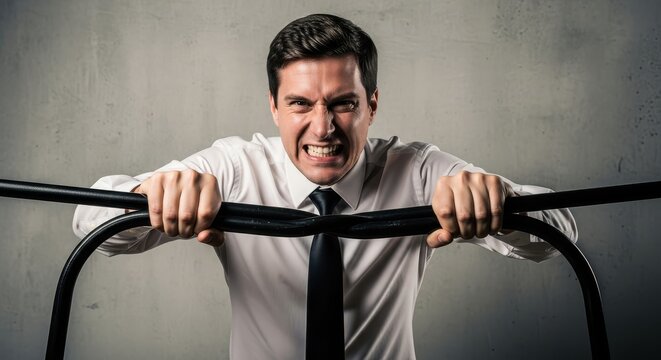 Angry Businessman Bending Metal Bars Expressing Intense Stress and Frustration at Work
