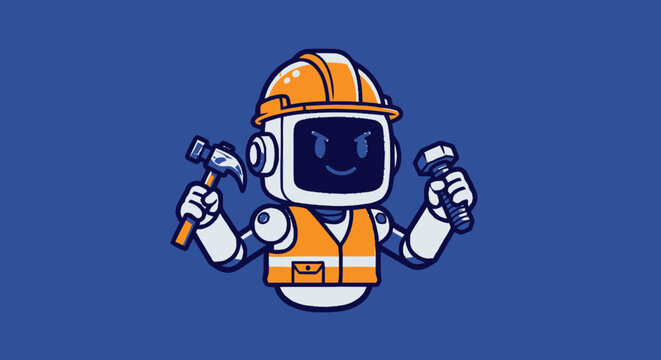 Cute cartoon robot construction worker wearing orange hard hat and safety vest holding hammer and bolt.