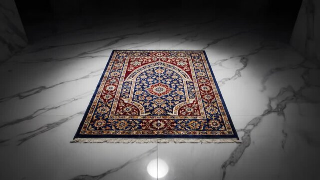 Intricately detailed Persian rug with blue and red floral patterns, ornate archway design, luxurious home decor element