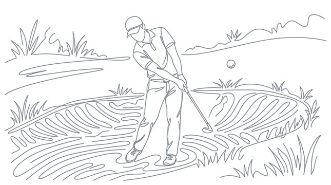 Continuous line drawing of a male golfer hitting a golf ball out of a sand bunker on a course, minimalist vector art illustration of professional athlete in action with club and ball.