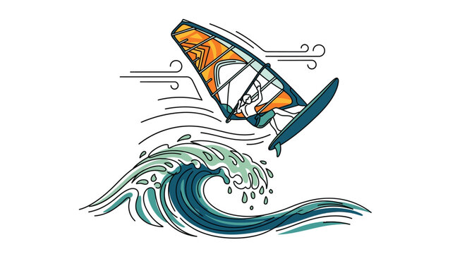 Stylized vector illustration of a windsurfer jumping above a cresting ocean wave with a geometric patterned sail and minimalist line art wind effects on a white background.