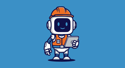 Fototapeta premium Cute Robot Wearing Construction Helmet Holding Tablet.
