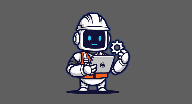 Cute cartoon robot construction worker wearing a hard hat and safety vest holding a tablet and gear.