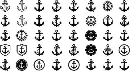 Nautical ship anchor black silhouette icon mega set, vintage marine badge collection on white background © Akramul