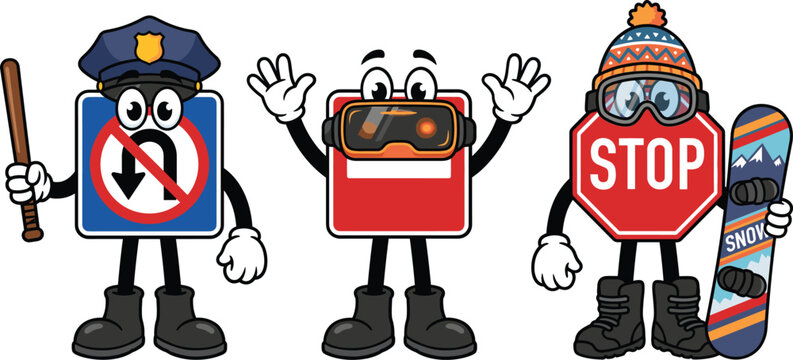 Traffic sign cartoon character collection set, funny stop warning symbols on clean white backgroundTraffic sign cartoon character collection set, funny stop warning symbols on clean white background