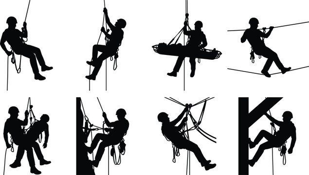 Industrial Rope Access Worker Silhouette Collection Vector Set with Climbing and Rescue Technicians