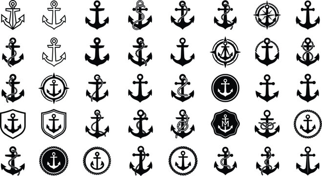 Nautical ship anchor black silhouette icon mega set, vintage marine badge collection on white background