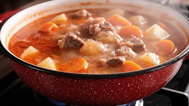 Authentic Hungarian goulash with beef, potatoes, paprika, and vegetables gently bubbling in a rustic pot with natural steam.