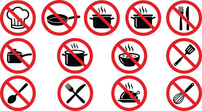 No cooking and kitchen utensils forbidden sign icon set, red prohibition vector icons on whiteNo cooking and kitchen utensils forbidden sign icon set, red prohibition vector icons on white