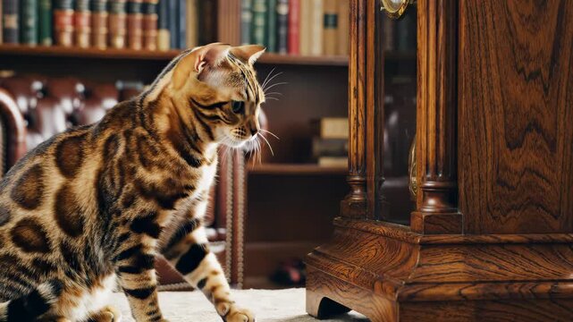 Bengal Cat Explores a Grandfather Clock in a Library.