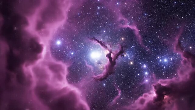 Vibrant purple nebula swirls amidst a field of twinkling stars