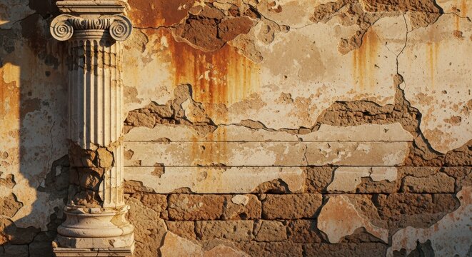 Ancient Weathered Stone Wall with Ionic Column Detail and Peeling Plaster Texture