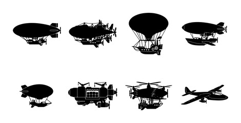 Steampunk Airships and Aircraft Silhouettes, Retro Aviation Icons, Vintage Transportation Vector Set, Industrial Fantasy Flying Machines © Rifat