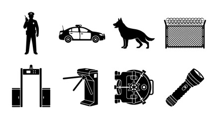 Security Icons Collection: Police Officer, Patrol Car, Guard Dog, Barbed Wire Fence, Metal Detector, Turnstile, Vault Door, Flashlight - Vector Graphics for Safety and Protection Concepts © Safik
