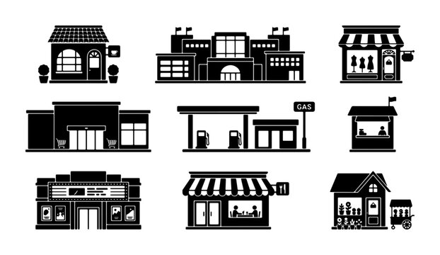 Collection of Diverse Building Icons, Retail Storefronts, and Commercial Structures, Vector Set for Urban Planning and Business Graphics