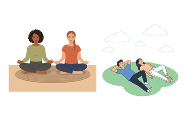 Fototapeta premium Diverse People Practicing Mindfulness Meditation and Resting Outdoors in Nature Settings