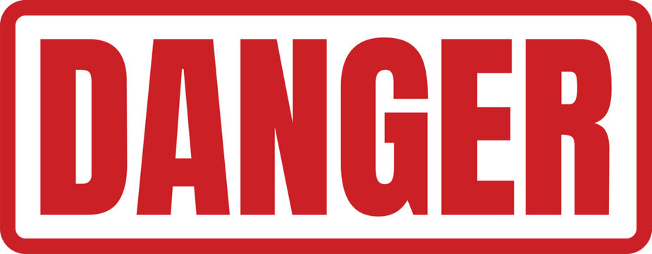 A bold red rubber stamp ink impression featuring the word danger in a clear rectangular frame