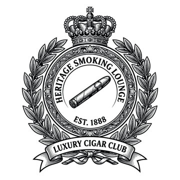 Vintage style emblem for a luxury cigar club with crown and laurel wreath.