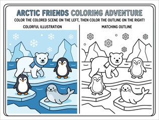 Naklejka premium Arctic animals coloring page with polar bear penguins and seal