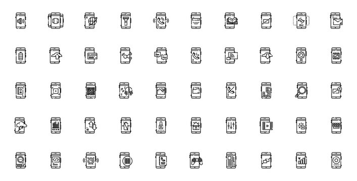 Mobile functions icon set. Smartphone vector icons pack. Minimal thin line web icons. Featuring smartphone, mobile, call, message, camera, battery, network, settings, app, interface, device and more. 