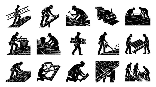 Roofing Construction Workers Black and White Glyph Icons Set. Roof Repair, Installation, and Maintenance.