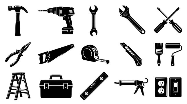 Home Improvement and Construction Tools Icon Set - Black Silhouette Vector Glyphs